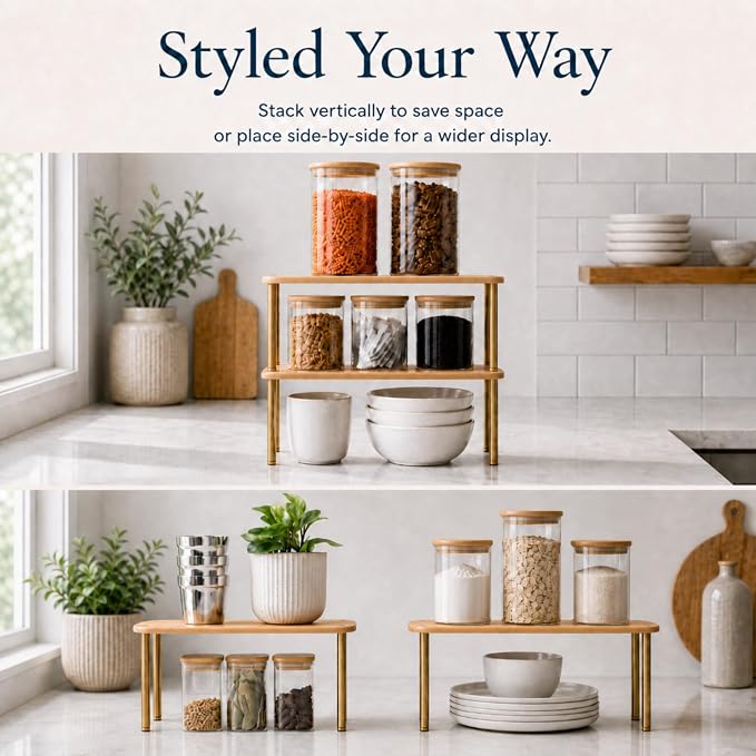 Ibyx Shelves Organizer Set of 2 - Kitchen Cabinet Organizers and Pantry Storage - Bamboo Top & Brass-Effect Metal Legs - Stackable Shelves for Kitchen Counter & Cabinets with 22 lb Capacity - Natural