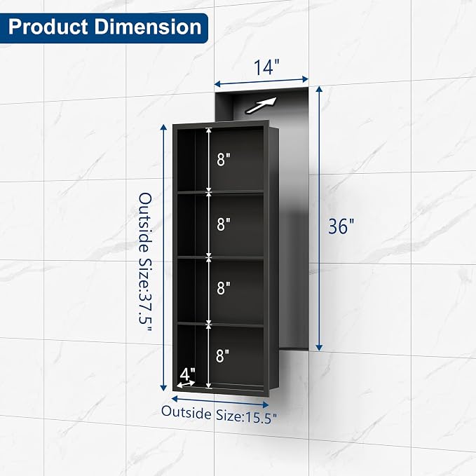 Qeke 14x 36 Medicine Cabinet Recessed with 4-Tiers Shelves, Matte Black | 304 Stainless Steel Medicine Cabinet without Mirror, No Tile Needed Wall Niche for Bathroom Storage, Space Saving & Durable