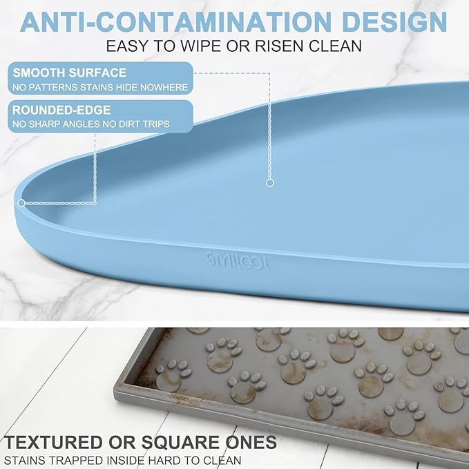 Smilool Silicone Pet Food Mat with Raised Edge for Food and Water Bowl, Dog Feeding Mats, Cat Food Trays for Floor Waterproof, Rubber Tray for Dogs and Cats, 24 x 16 x 0.8 Light Blue