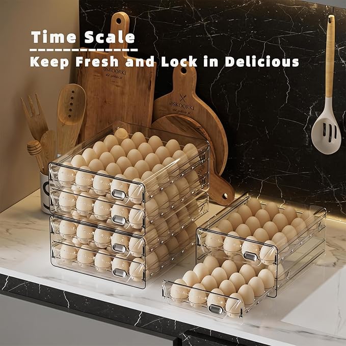 HIYOHIYO 2-Tier Clear 24 Grid Egg Container for Refrigerator, With Drawers | Large Capacity, with Time Scale Marking, Stackable, Sturdy Eggs Storage for Fridge and Countertop