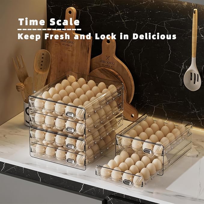 HIYOHIYO Clear 40 Grid Egg Holder for Fridge, with Drawers, 2-Tier | with Time Scale Marking | Large Capacity | Stackable | Sturdy Eggs Container for Refrigerator and Countertop