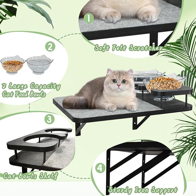 Cat Wall Shelves Furniture Set with 2 Food Bowls, Wooden Cat Climbing Wall Systems with Scratching Pad and 3 Steps, Floating Shelves Bed Perches Wall Mounted for Indoor Fit Up to 15Lbs (Black)