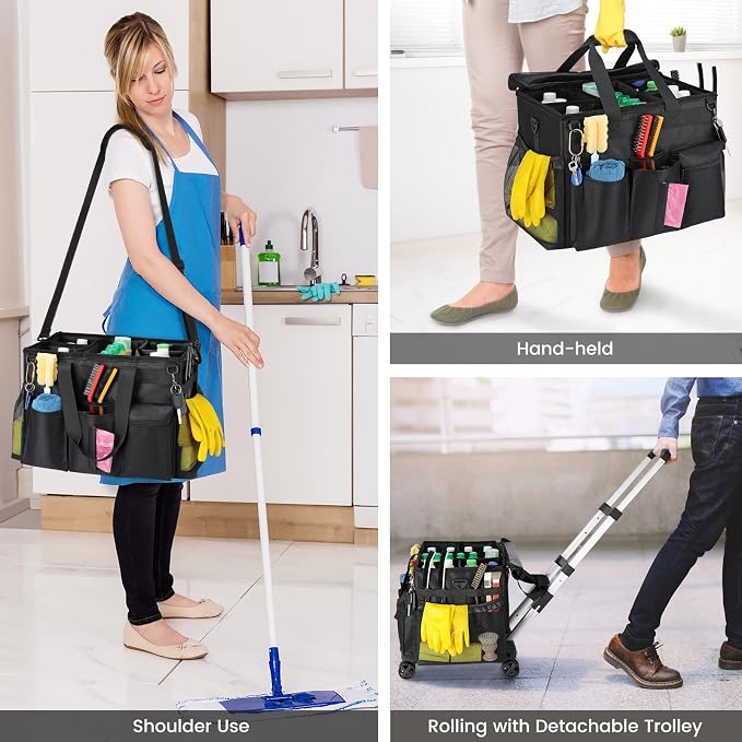 Housolution Extra Large Rolling Cleaning Caddy Bag with Wheels, Black | Upgrade 360° Free Rotating, Detachable Trolley & Dust-Proof Lid, High load Bearing & Waterproof
