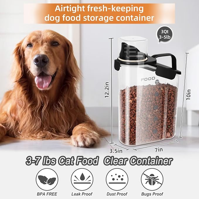 LEAWALK Dog Food Storage Container, Upgraded Large Nozzle BPA-free, 3-5 LBS Plastic Pet Food Storage Containers, With 4 Sealed Clasps, 1 Measuring Cup and Handle (Black)