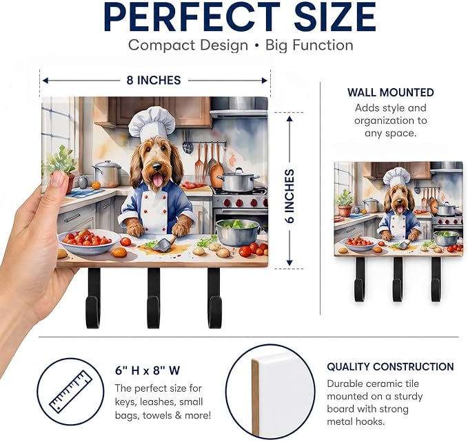 Caroline's Treasures Otterhound The Chef Leash or Key Holder Wall Hooks, Key Hooks Holder, Coat Rack Wall Mount, Coat Hooks, Hooks for Hanging Keys, Towels, Aprons, Leashes | Otterhound The Chef artwork on ceramic tile with three steel hooks for keys, ...