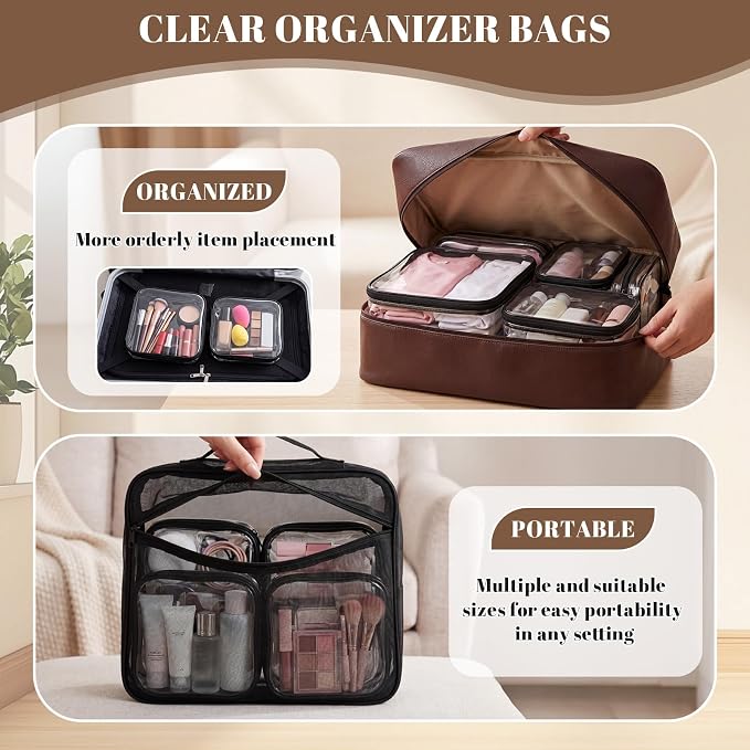 12 Pack Clear Hard Shell Zipper Case with 40 Labels, X-Large/Medium/Small Stackable Clear Pouches, Crush-resistant Travel Toiletry Bag Organizer for Makeup Board Games Electronics (Black)