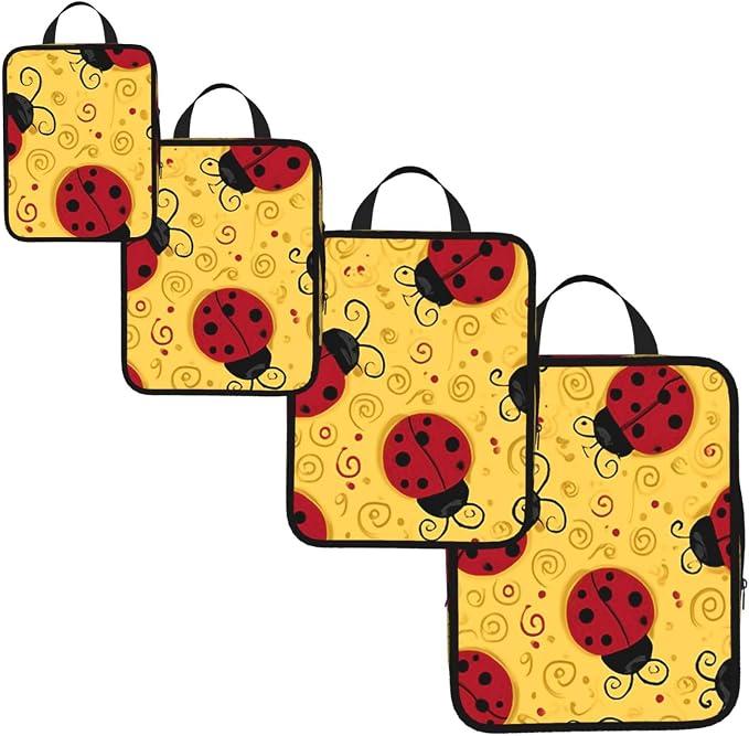 4 Set Compression Packing Cubes for Travel | Cute Red Ladybugs Swirls Cube Storage Organizer For Carry On Expandable Space Saver Packing Bags Travel Essentials