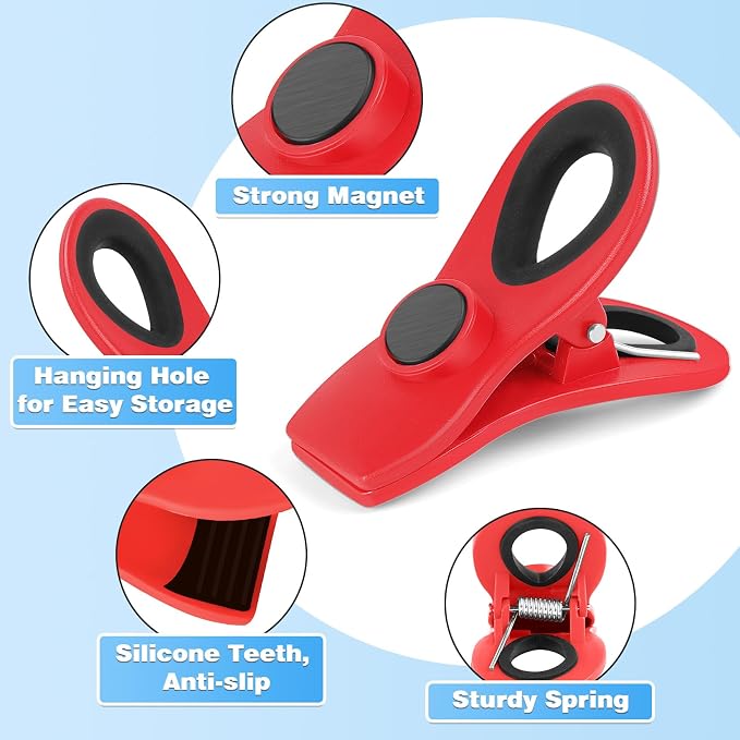 12 Pack Chip Clips, Bag Clips for Food, Magnetic Sealers for Chips and Other Food, Plastic Bag Clip for Kitchen, Fridge, Clothes, Sewing and Artwork (Red)
