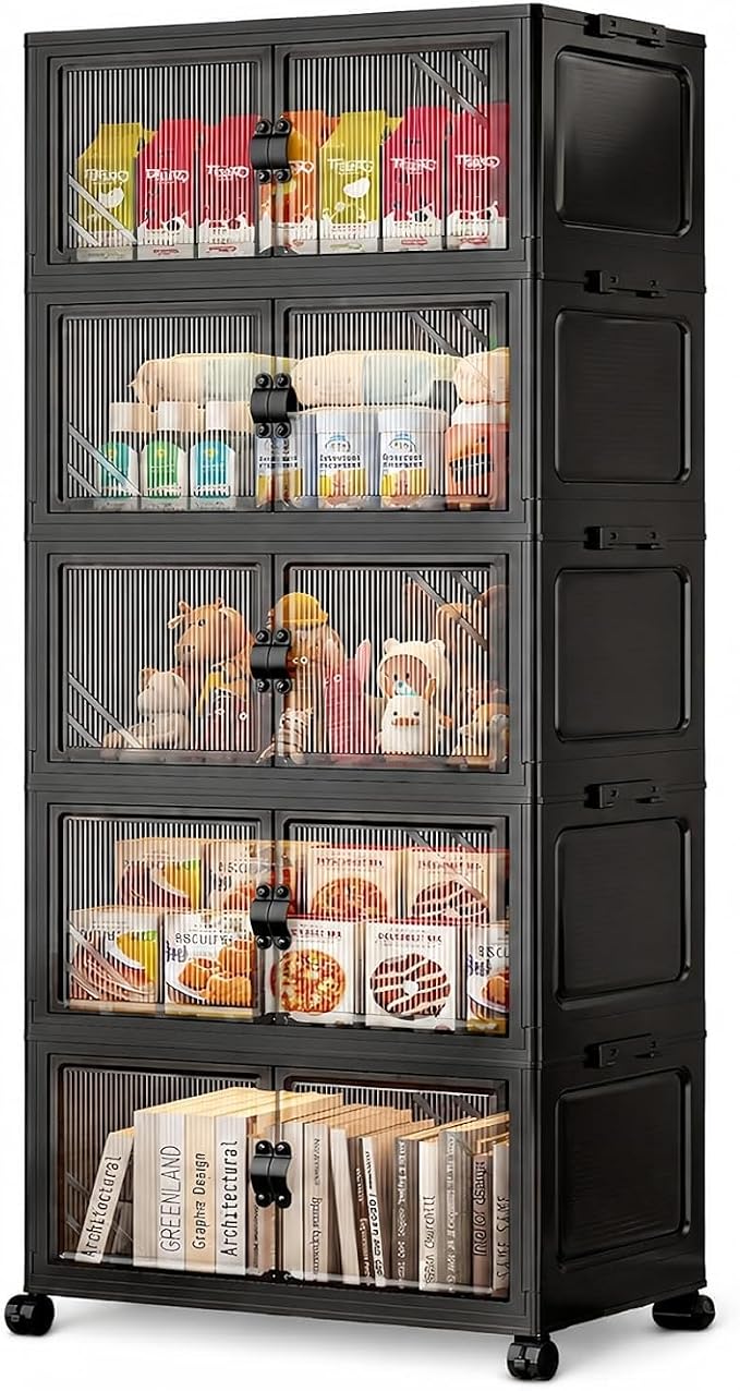 5-Tier Foldable Storage Cabinet with Wheels & Lid, 242QT Large Stackable Organizer, No Tool Required, Storage Cabinet for Garage, Home Office, Pantry, Kitchen, Dorm
