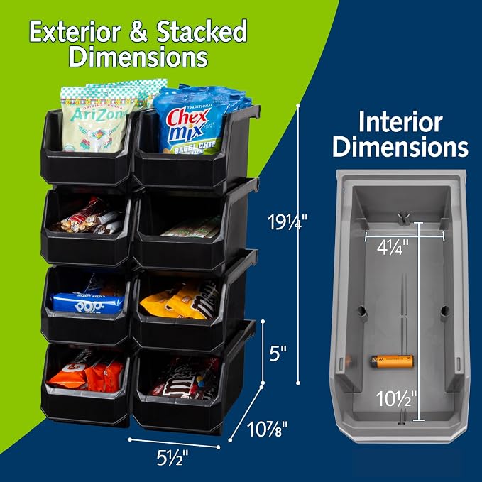 Medium Stackable Plastic Storage Bins, 8-Pack, Black | Open-Front Stackable Bins For Garage, Pantry, Closet & Office, 11"L X 5,5"W X 5"H, Nests When Empty, Durable Plastic,