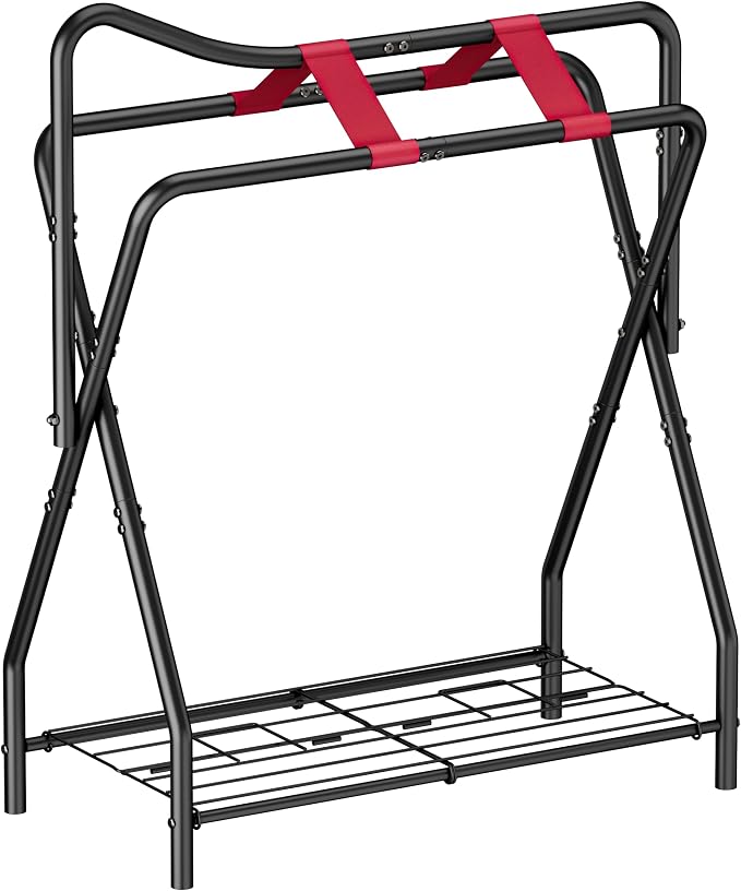 Portable Saddle Rack for English and Western Saddles, Folding Horse Saddle Stand with Bottom Storage for Horse Stable Equipment, Saddle Pad Rack, Black | Portable, High-grade Steel