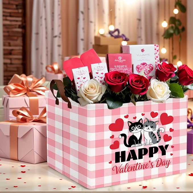 Cute Large Valentine's Day Gift Basket Empty Heart Decor Storage Bin for Kid Baby Room Décor (Pink Checkered Cat)