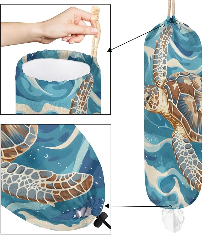 Animal Sea Turtle Blue Plastic Bag Holder Washable Grocery Bag Storage Dispenser Reusable Hanging Shopping Bags Carrier Wall Mount Plastic Bag Organizer for Home Kitchen Decor