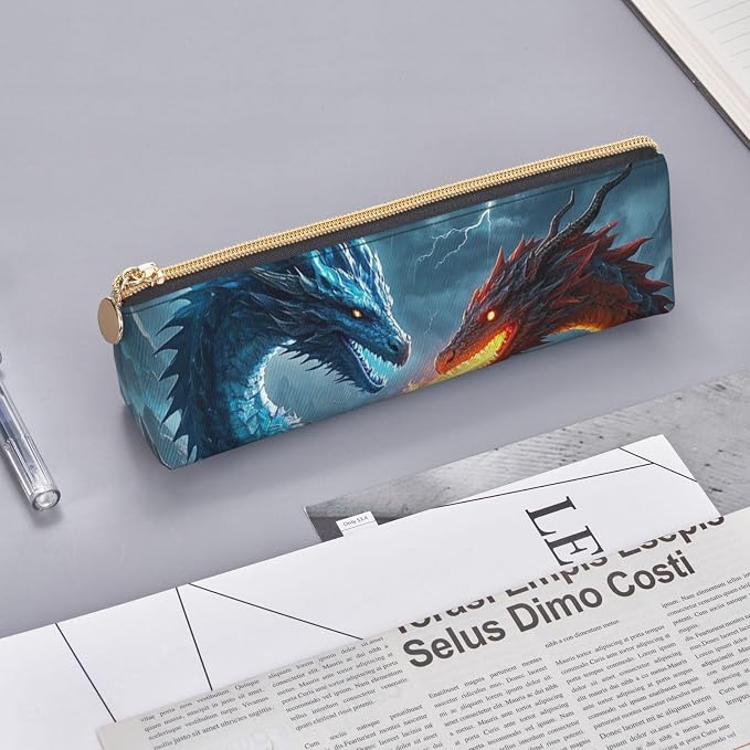 Leather Pen Case with Zipper - Aesthetic Pen Holder Ice Dragon and Fire Dragon Pencil Case for Women & Men - Handcrafted Pencil Bag Multi-Functional Travel Cosmetic Case for Work Office Tool Pouch