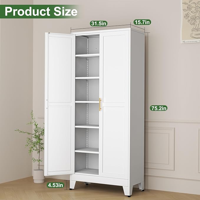 Ckzbx Metal Cabinets with Doors and Shelves, 75" H White Storage Cabinet Pantry Cabinet Garage Cabinets for Kitchen,Living Room, Dinning Room
