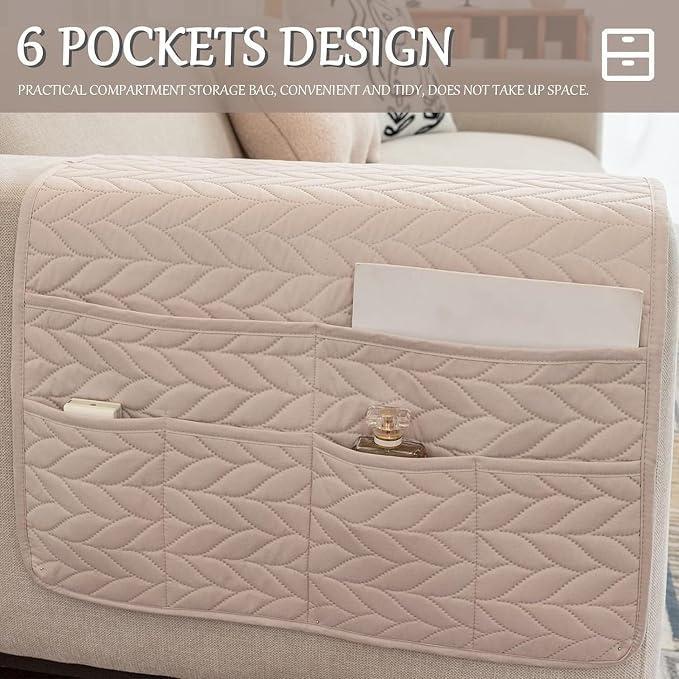Sofa Armrest Organizer Waterproof Armchair Caddy for Couch Holder Recliner Non Slip with 6 Pockets Magazine Covers Chairs Sofas Arm Twist Pin Furniture Protector Slipcovers(Beige)