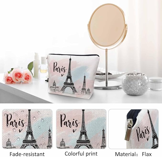 Women Cosmetic Bag Eiffel Tower, Watercolor Paris Eiffel Tower Cute Makeup Bag For Purse Cosmetic Travel Bag For Toiletries Makeup Storage Bag Flax Skincare Bag Make Up Pouch Bags
