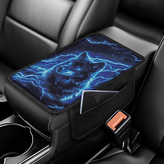 Howilath Car Armrest Cover Pad, Universal Center Console Cushion | Blue Lightning Wolf Arm Rest Cover. Soft & Comfortable, Washable Fits for Cars, Suvs, Vans, And Trucks