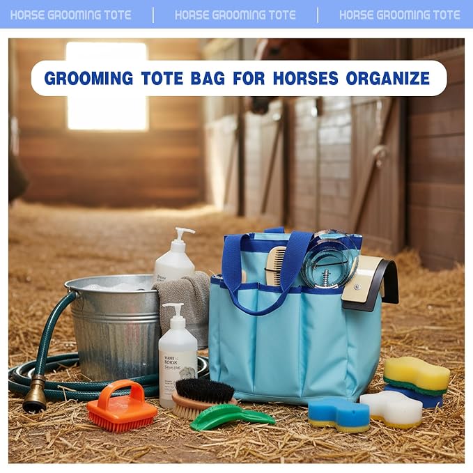 Abbylike Grooming Tote,Vintage,15 x 12 x 5.5 Inch,Blue | Tote Bag for Horses and Dogs, Organize Tack Tools Equestrian Grooming Kit, Care Portable with Multiple Pockets for Supplies
