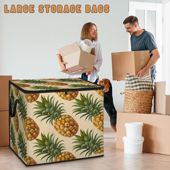Pineapple Large Storage Bags, Fabric Bed Storage Containers, Foldable Closet Organizers for Blanket, Clothing, Comforter, Bedding, Fruit