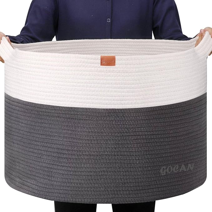 Cotton Rope Woven Laundry Basket 22"X 22"X 14" with handles(Grey/Beige)XXXL | Hand-woven, ideal for storing blankets and cushions in the living room, and clothes for household storage.