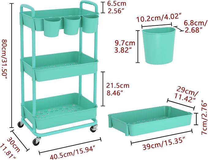3-Tier Plastic Rolling Storage Cart Utility Cart Green | Utility Cart with Extra Hanging Cups Arc-Shaped Handles Lockable Wheels for Living Room Bathroom Kitchen Office