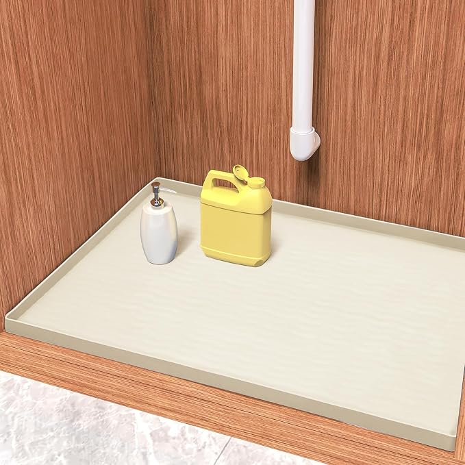 URMONA Waterproof Silicone Under Sink Mat 19'' x 19'' Shelf Liner for Kitchen and Bathroom, Cabinet and Counter Protector, Storage and Organizers, Litter Mat, Pet Cat Puppy Essentials(Cream)