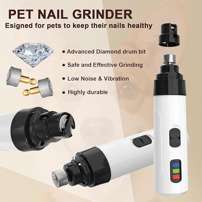 Dog Nail Grinder Upgraded,Professional 2-Speed Pet Nail Trimmer,Quiet and Low-Vibration Dog Nail Trimmers,and 3 Ports for Large,Medium,Small Pets with Hard or Thick Nail