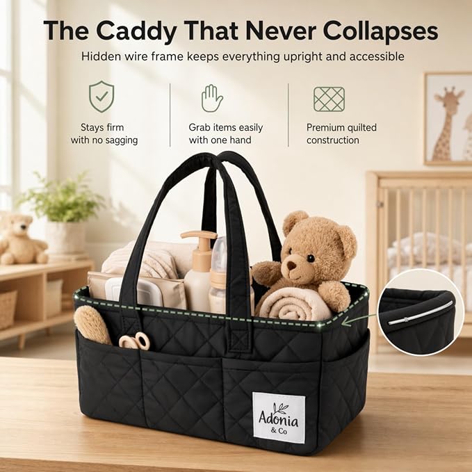 Adonia & Co Diaper Caddy Organizer – Baby Essentials Organizer, Large Nursery Storage Basket with Removable Divider, 8 Exterior Pockets, Portable, Machine Washable, Structured Design, Black