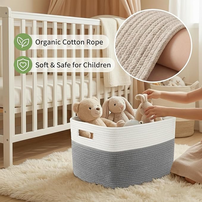 JMvicyroam 65L Large Woven Cotton Rope Blanket Basket, White&Grey | Blanket storage for living room or bedroom use, Freestanding with reinforced handles, Entire basket is machine washable