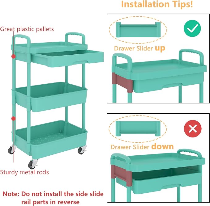 Calmootey 3-Tier Utility Cart with Drawer & Wheels, Storage for Home,Office | Space-Saving Organizer, Sturdy Plastic Shelves, Smooth-Rolling Metal Wheels, Built-in Drawer for Small Items, Green