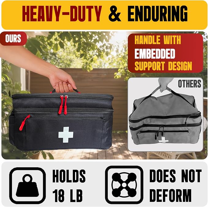 2-Layer First Aid Bag Empty 15¾”x 9½”x7” Medical Bag Large Pill Bottle Box Portable Emergency Bag for Outdoor Travel & Home Use, Medicine Kit Organizer Case with Shoulder Strap (Black)