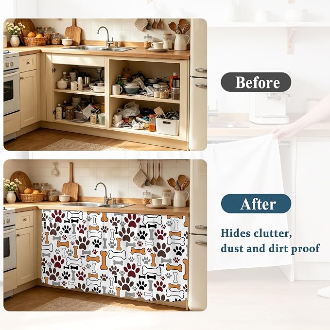 Dog Claws Sink Skirt for Bathroom, Self-Adhesive Under Sink Curtain, Pet Cat Cartoon Cute Animal Bone Pawprints Hide Pipes & Storage Fabric Cabinet Skirt Cover for Kitchen Laundry 32"x55"