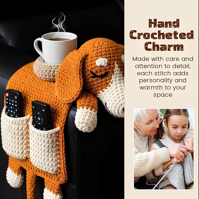 Crochet Sofa Armrest Organizer with Cup Holder, Cute Dog & Cat Shaped Couch Caddy, Anti-Slip Remote Control Holder for Recliner, Handmade Storage Pocket for Tablet, Gifts for Pet Lovers (orange)