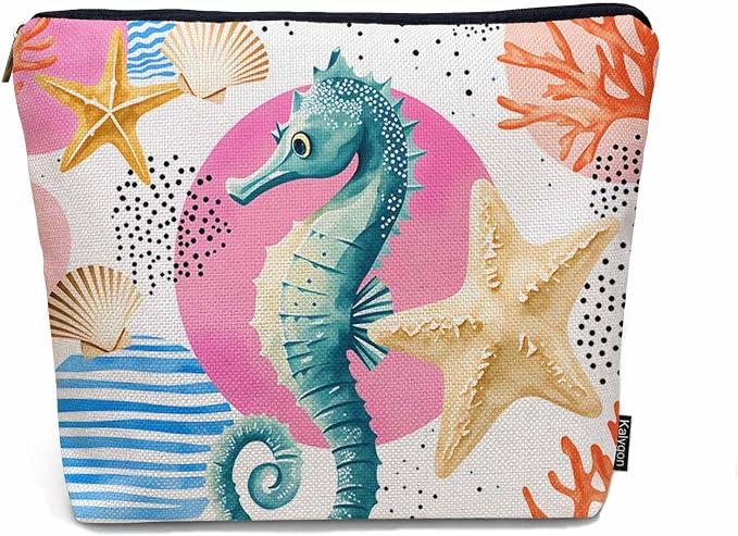 Makeup Bag Seahorse Makeup Bags For Purse Pouch, Sea Animal Coral Reef Seashell Seahorses Travel Toiletry Bag Cosmetic Bag Makeup Bags Flax Makeup Organizer Bag Pencil Pouch For Man Woman