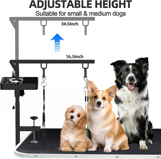 Dog Grooming Arm with Tray, 38" Pet Grooming Table Arm with Adjustable No Sit Haunch Holders, Pet Grooming Stand with Clamp for Small & Medium Pets
