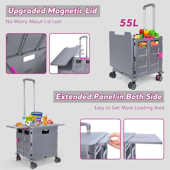 FELICON SELORSS Folding Utility Cart Portable Rolling Crate Handcart-Gray | Adjustable Handle+Extended Magnetic Lid,Storage Basket Box,4 Swivel Wheels Tote for Teacher Move Shop Travel Grocery Office
