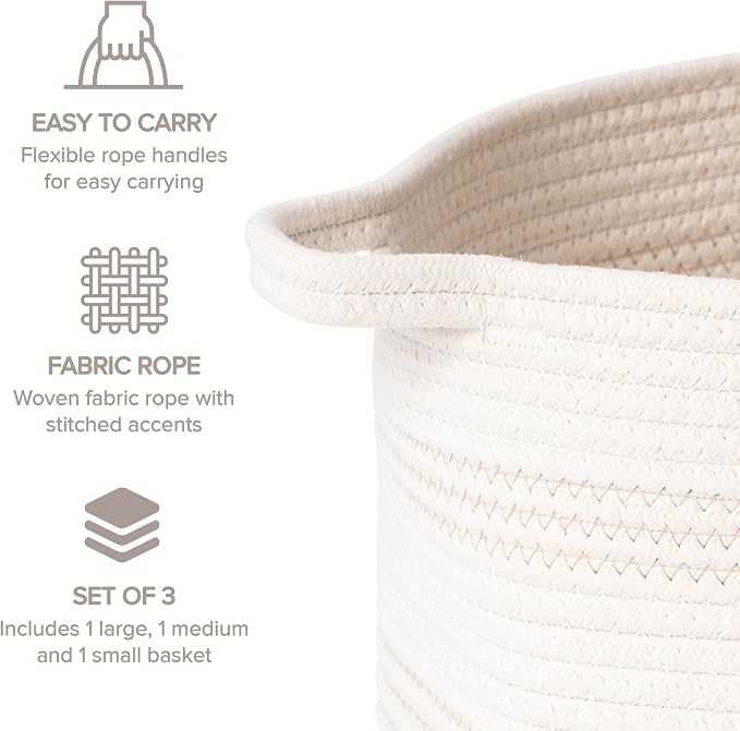 RGI Home Dog Toy Storage Baskets – Set of 3 Oval Fabric Rope Organizer Bins for Pet and Household Storage, Multi-Sized with Easy-Carry Handles, Durable and Stylish, Charcoal Gray on Ivory