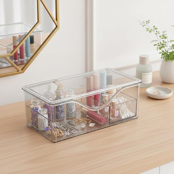 Divided Storage Box with Lid, PET Plastic Organizer for Desktop Drawers, Clear Compartments for Office Supplies Craft Jewelry (1 PC)