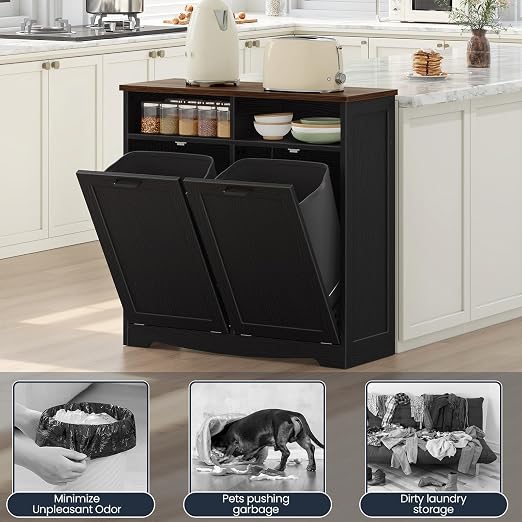 HOOBRO Double Tilt Out Trash Can Cabinet, 20 Gallon Kitchen Trash Bin Cabinet, Hidden Trash Storage with Open Compartments, Hidden Laundry Hamper, for Kitchen, Laundry, Black and Walnut BH04LJ01