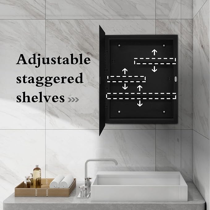 Black Metal Medicine Cabinet With Mirror, 16 x 20 Recessed Bathroom Storage | Recessed or Surface Mount Beveled Mirror Cabinet with Adjustable Staggered Shelves, Piano Hinge, Reversible Door, Powder Coat