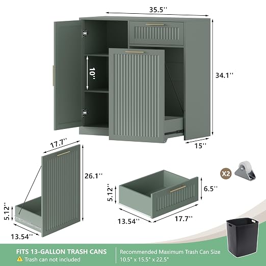 Single 13 Gallon Pull Out Trash Can Cabinet with Storage Cabinet,Green | Pet Proof Hidden Garbage Can Cabinet,3-Tier Shelves,Fluted Design,Extra Drawer Space,Kitchen & Dining Room Organization