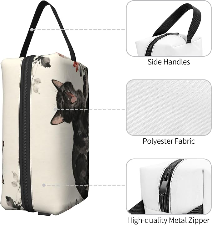 Yawning Black Cat Roses Makeup Bag - Durable 600D Oxford Fabric Travel Cosmetic Bag, Shockproof Foam Padded Toiletry Organizer for Gym & Daily Use 10x6.2x4.9 Inch