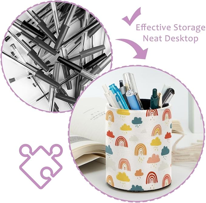 Faux Leather Pen Holder for Desk, Pencil Organizer Rainbows and Clouds Pen Cup Desk Decor Makeup Brush Holder Storage for Office Home