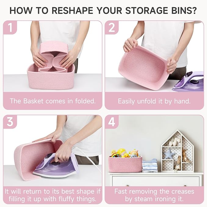 3 Pack Storage Baskets for Organizing, 13.7×9.5×6.3", Mixed Pink | Woven Baskets for Shelves, Cotton Rope Basket for Gifts Empty, Closet Organizer Bins with Handles, Cube Decorative Box