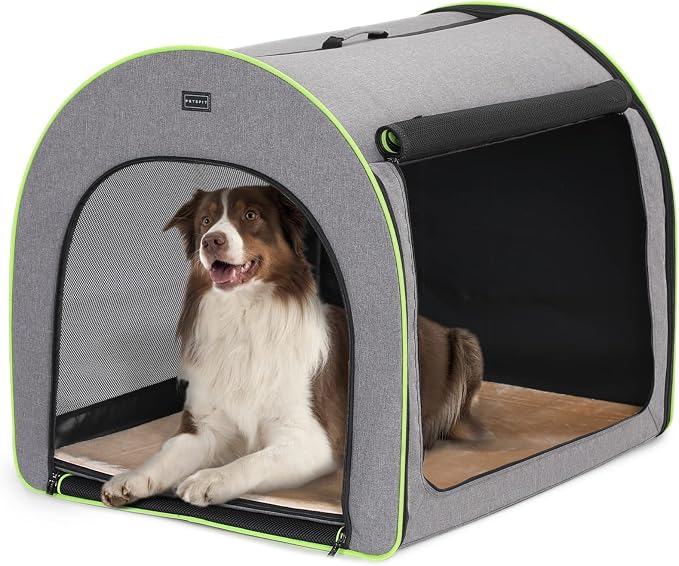PETSFIT Collapsible Dog Crate, Travel Dog Crate - 35.5 Inch Lightweight, Roomy, Easy to Set Up, Sturdy Soft Dog Kennel with Thick Mat, Snowflake Grey