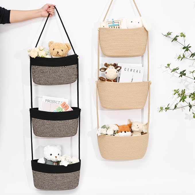 Hanging Basket, 3-Tier Woven Wall Basket with 4 Hooks, Cotton Rope Storage Baskets, Over the Door Organizer for Nursery, Bedroom, Cottage and Boho Wall Decor