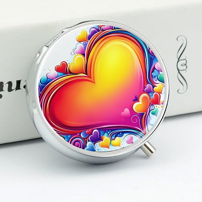 Love Heart Metal Round Pill Box, 3 Compartment Travel Organizer, Portable Pill Container with Secure Latch, 2 Inch Circular Vitamin Caddy for Pills and Vitamins, Gift for Him Her Elderly