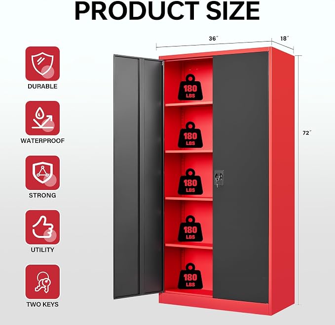 Metal Storage Cabinets with Lock, 72" Tall Locker Organizer Steel Cabinets, Adjustable Layers Shelves 2 Doors for Home, Office, Warehouse,Garage(Black Red)