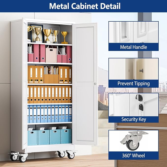 Ckzbx Metal Garage Storage Cabinet with Locking Doors and Adjustable Shelves,75" H Rolling Tool Storaget with Wheels for Garage,Office (White)